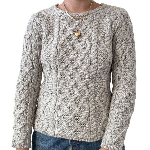 Aran Sweater Market Womens Light Gray Irish Fisherman Chunky 100% Wool Sweater S - Picture 3 of 7
